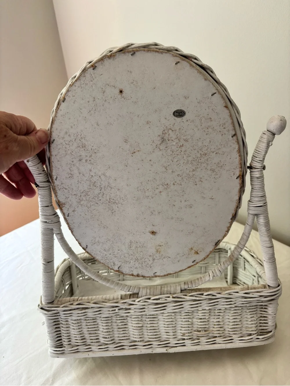 Vintage Wicker Oval Vanity Mirror with Storage - White
